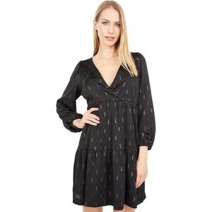 Madewell Metallic Clip Dot Tiered Mini Dress Women Small Black Gold Long Sleeve